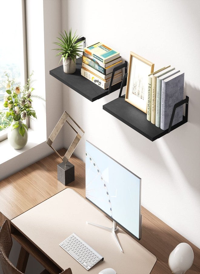 SRIWATANA Floating Shelves Wall Mounted Set of 2 Rustic Wood Shelves with Large Capacity(Black - Image 2